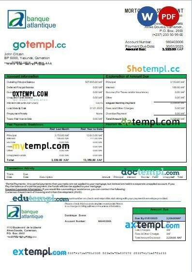 Cameroon Atlantic bank mortgage statement, editable template in PDF and Word