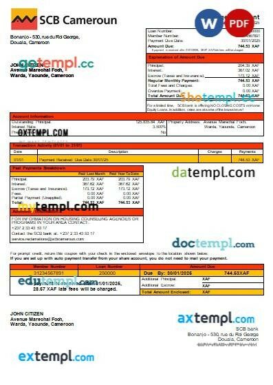 Cameroon SCB bank mortgage statement, editable template in PDF and Word