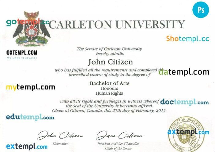 Canada Carleton university diploma template in PSD format