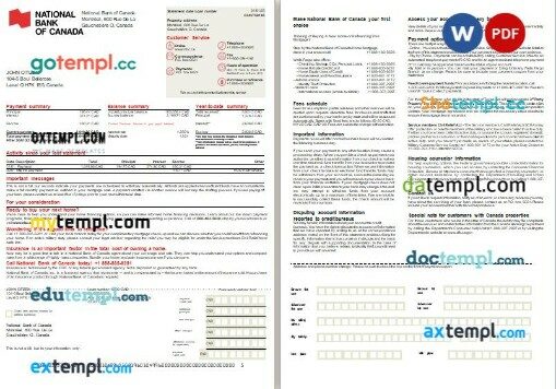 Canada National Bank of Canada bank mortgage statement, 2 pages, editable template in PDF and Word