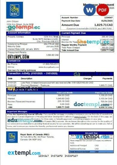 Canada Royal Bank of Canada (RBC) bank mortgage statement, editable template in PDF and Word