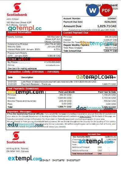 Canada Scotiabank bank mortgage statement, editable template in PDF and Word