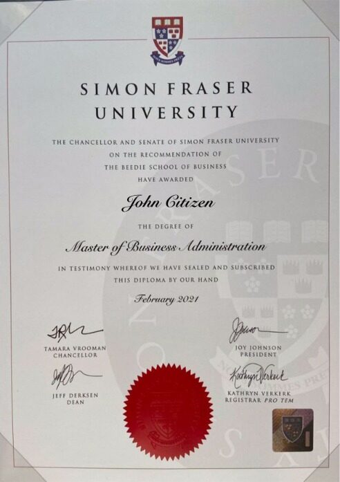 Canada Simon Fraser University (SFU) diploma template in PSD format