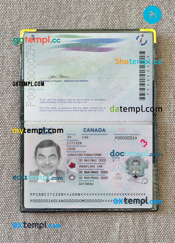 Canada passport PSD files, editable scan and photo-realistic look sample, 2 in 1, 2023-present version 2 photolook