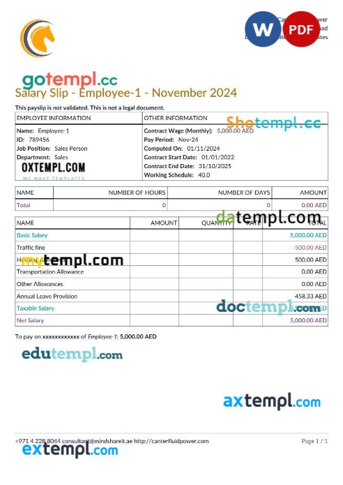 Capgemini Technology Services India payslip template in Word and PDF formats