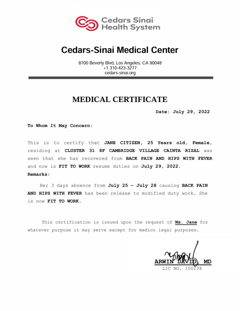 Cedars-Sinai Medical Center medical certificate template in Word and PDF formats