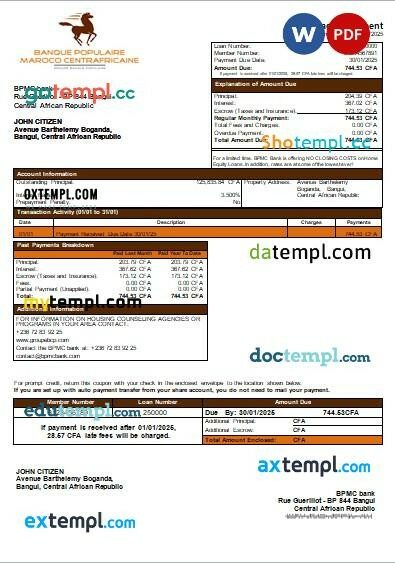 Central African Republic BPMC bank mortgage statement, editable template in PDF and Word