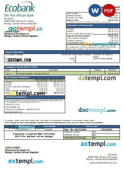 Central African Republic Ecobank bank mortgage statement, editable template in PDF and Word