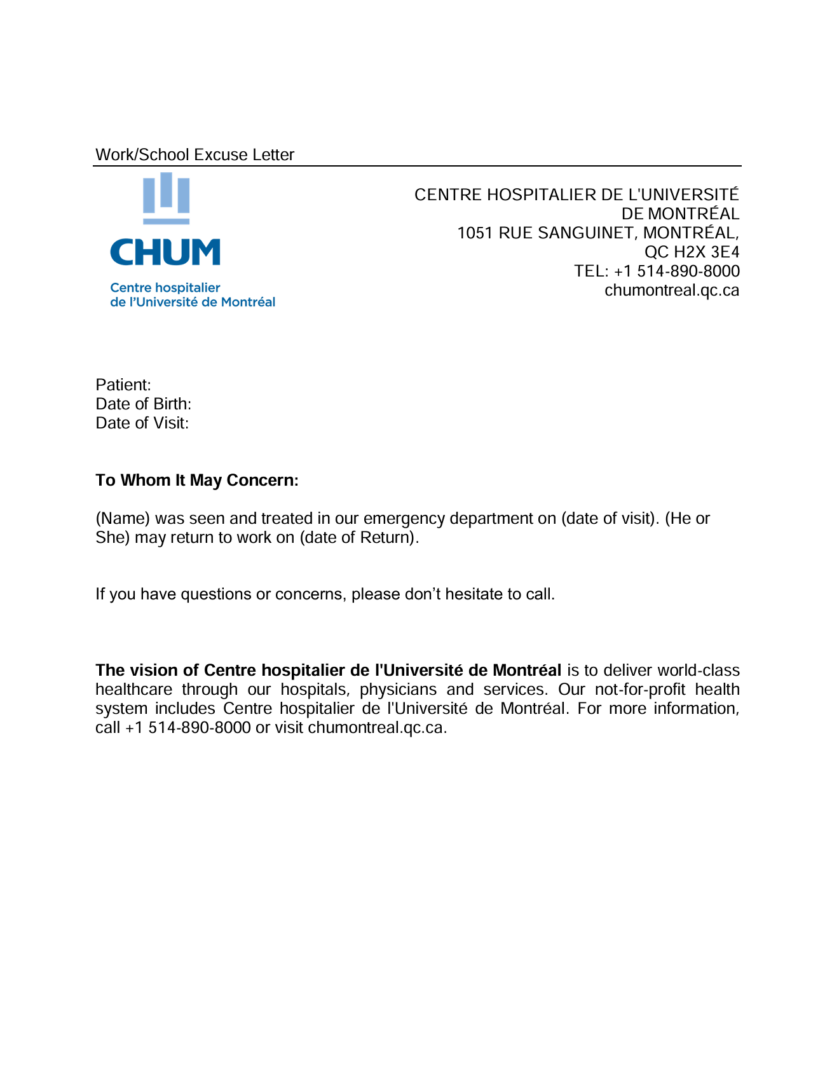 Centre hospitalier de l’Université de Montréal excuse letter template in Word and PDF formats