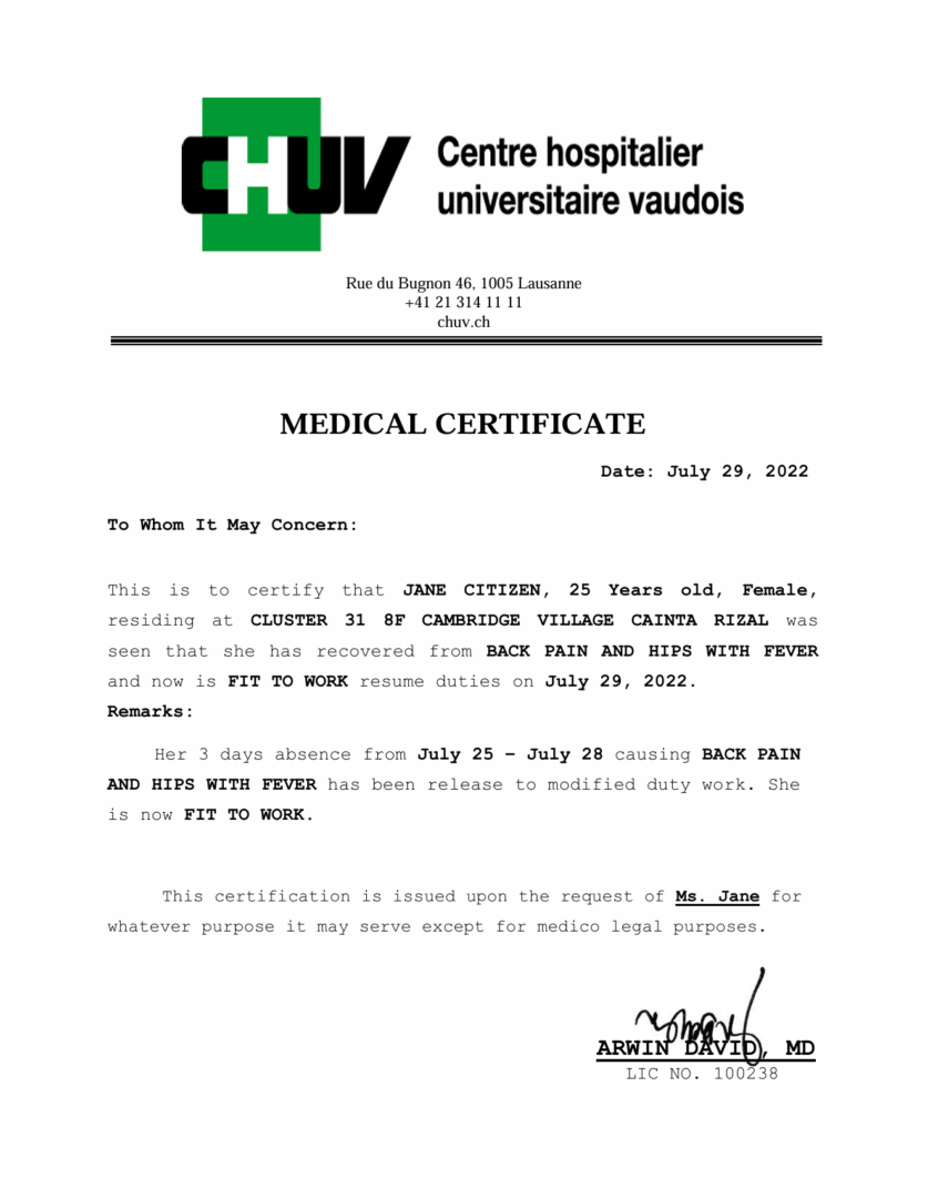 Centre hospitalier universitaire vaudois medical certificate template in Word and PDF formats