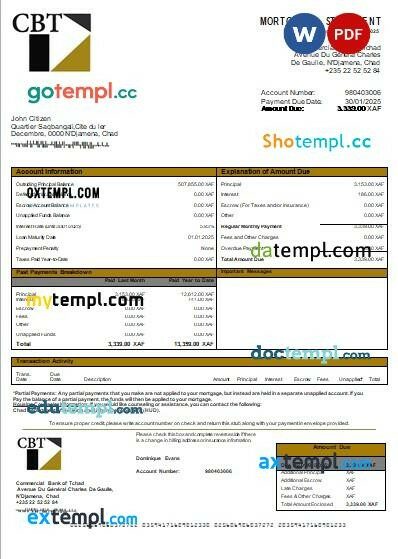 Chad Commercial Bank of Tchad bank mortgage statement, editable template in PDF and Word