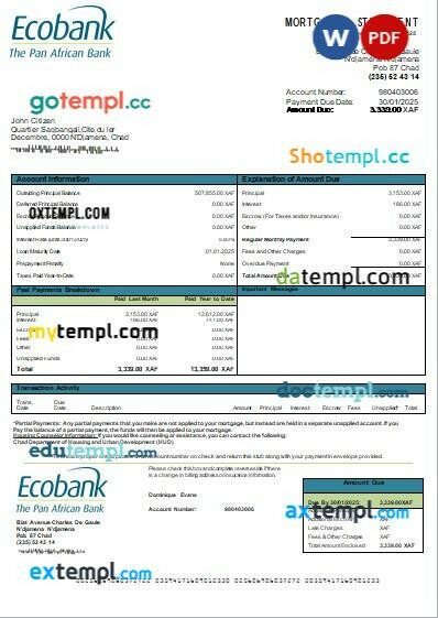 Chad Ecobank bank mortgage statement, editable template in PDF and Word