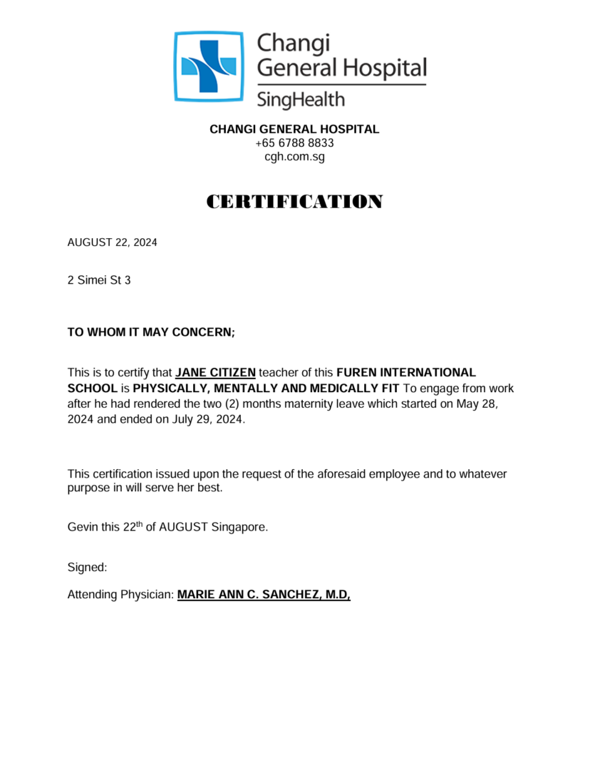 Changi General Hospital certification template in Word and PDF formats