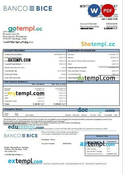 Chile Banco Bice bank mortgage statement, editable template in PDF and Word