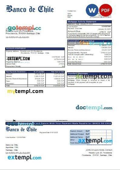 Chile Banco de Chile bank mortgage statement, editable template in PDF and Word