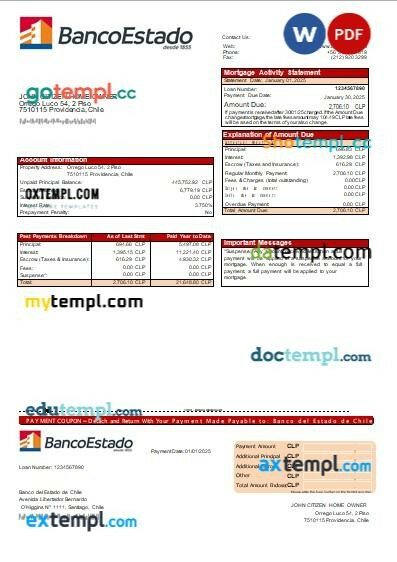 Chile Banco del Estado de Chile bank mortgage statement, editable template in PDF and Word