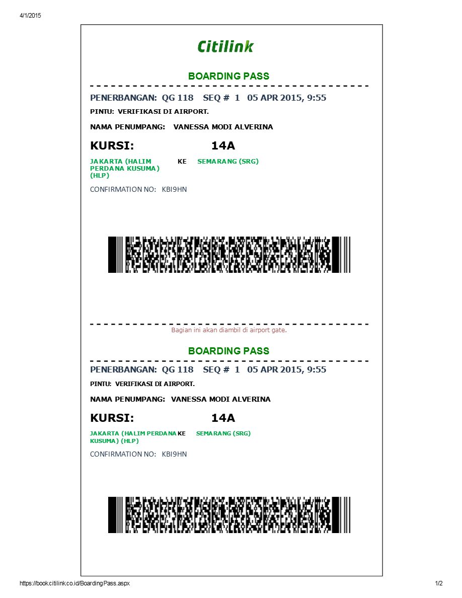 Citilink boarding pass in Word and PDF formats, version 2