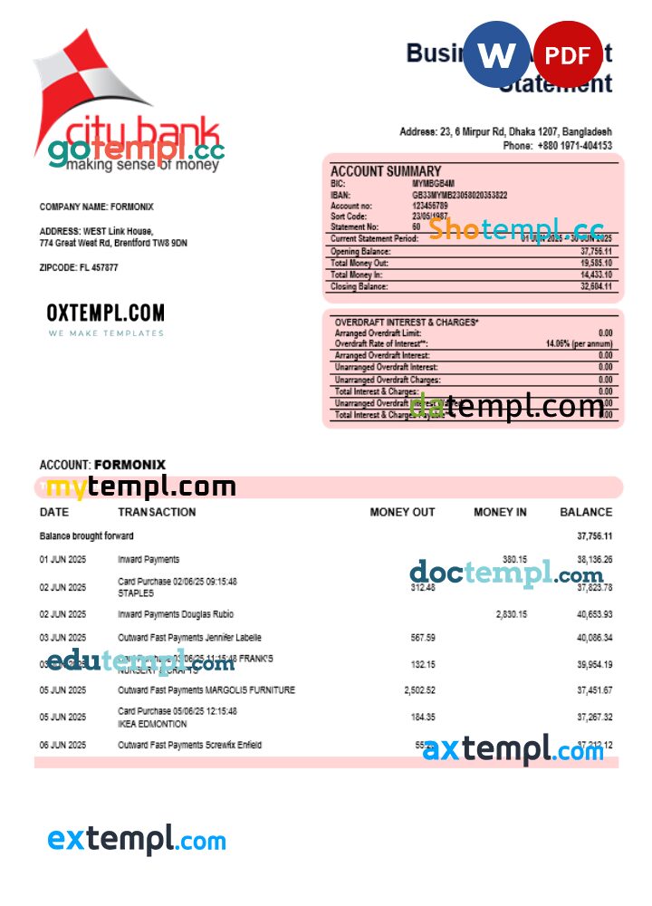 City Bank firm account statement Word and PDF template