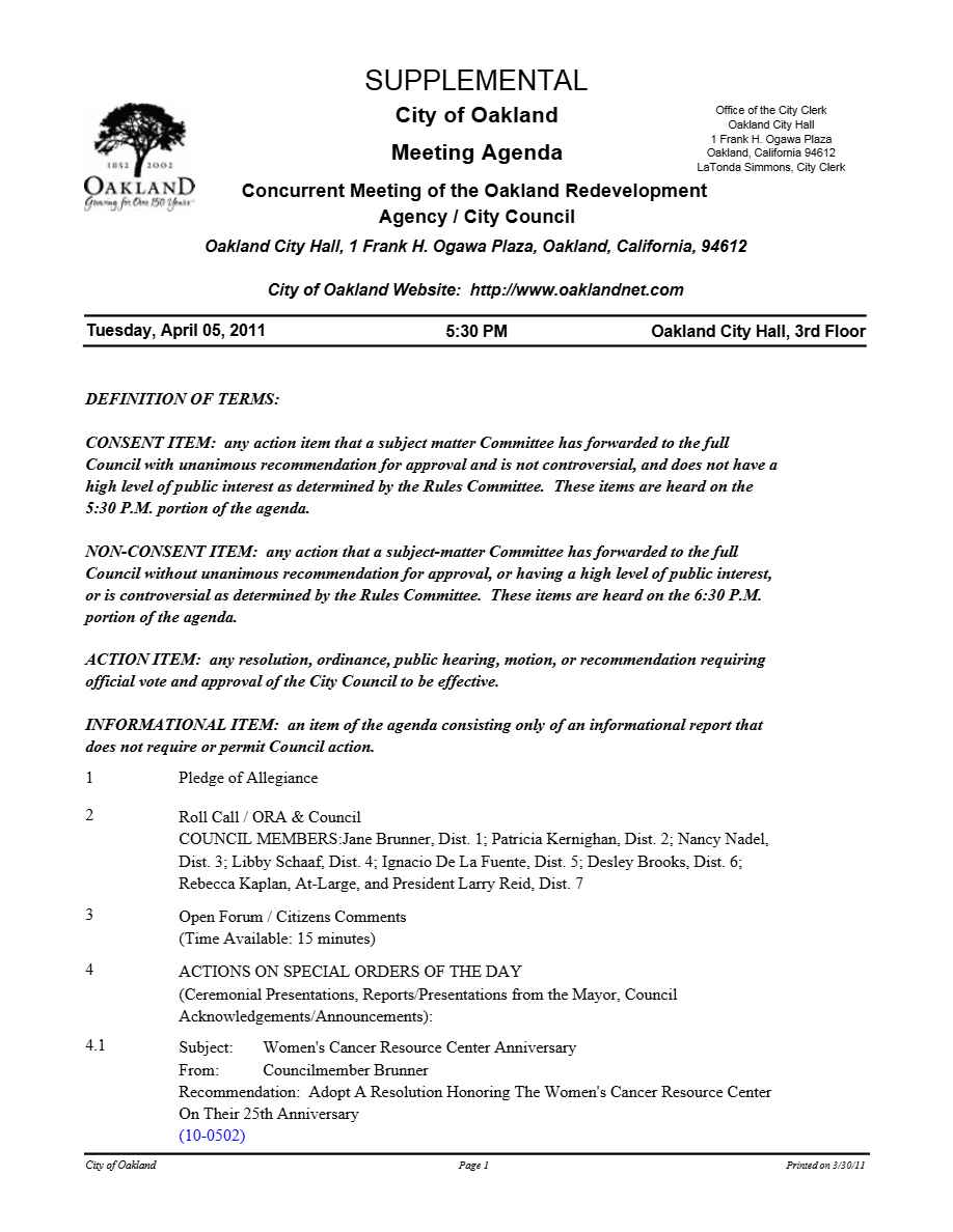 City of Oakland Meeting agenda template in Word and PDF formats