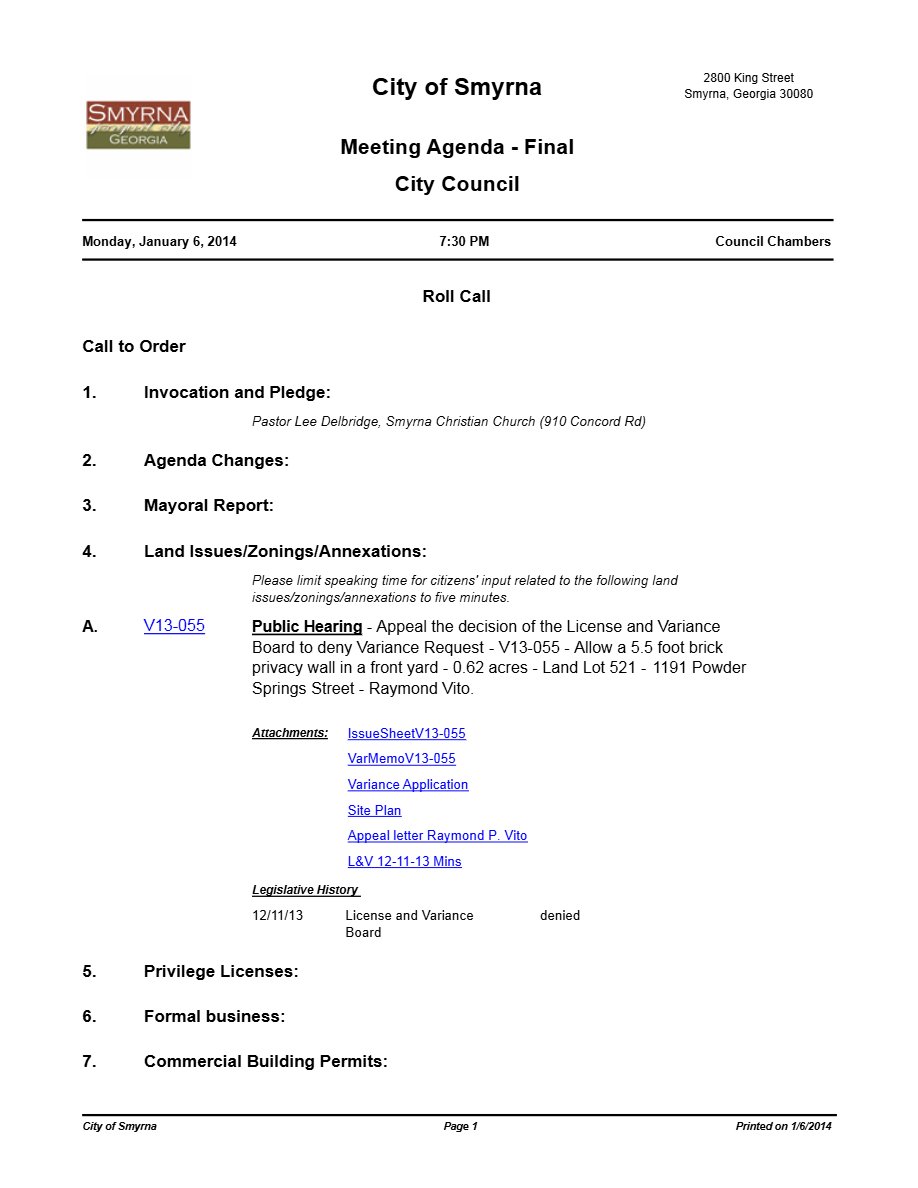 City of Smyrna Meeting agenda template in Word and PDF formats