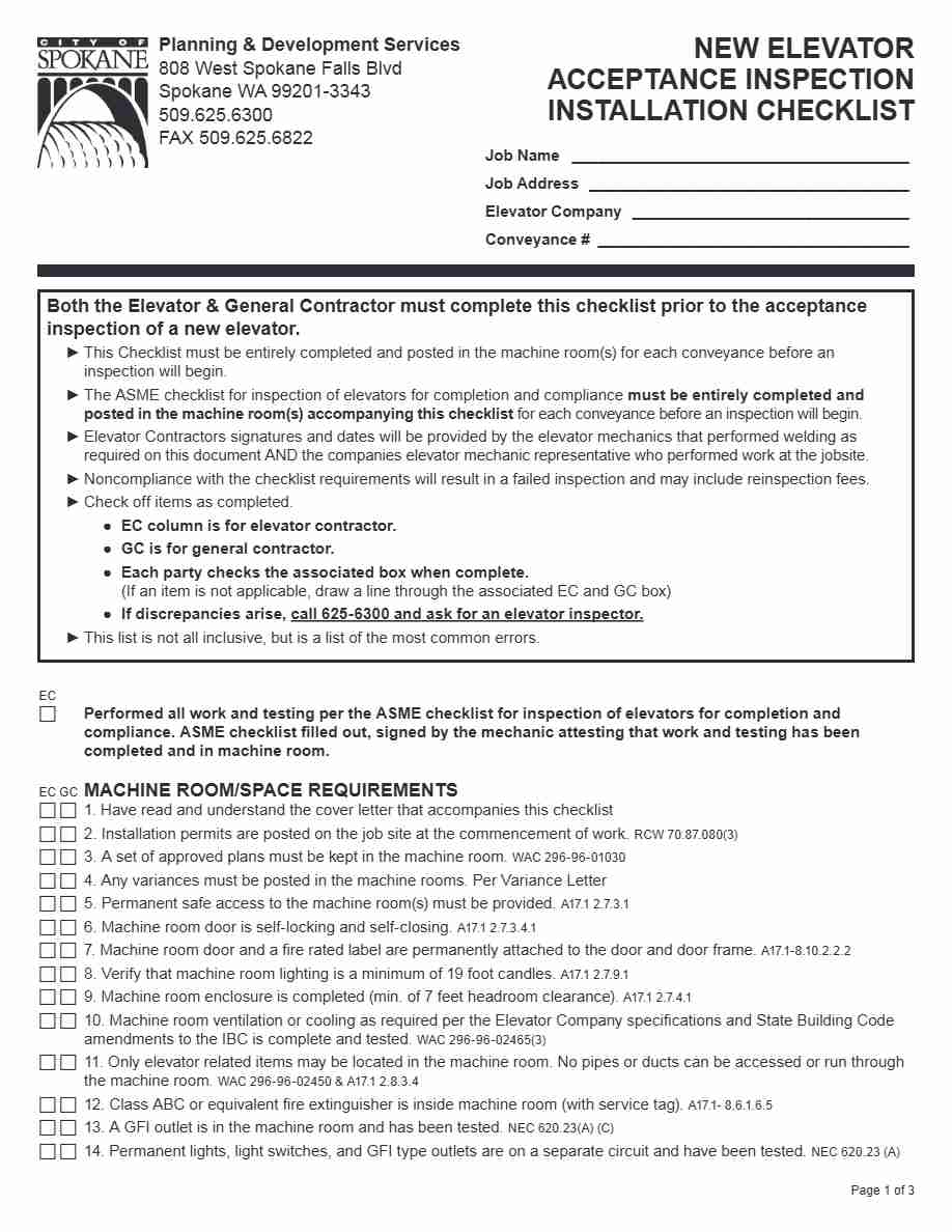 City of Spokane Inspection Installation checklist template in Word and PDF formats, 3 pages