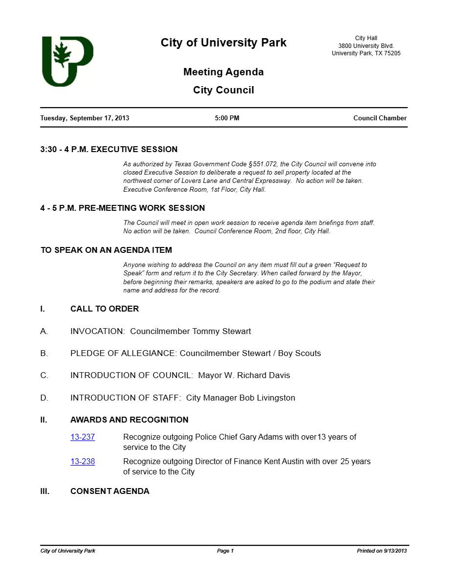 City of University Park Meeting agenda template in Word and PDF formats