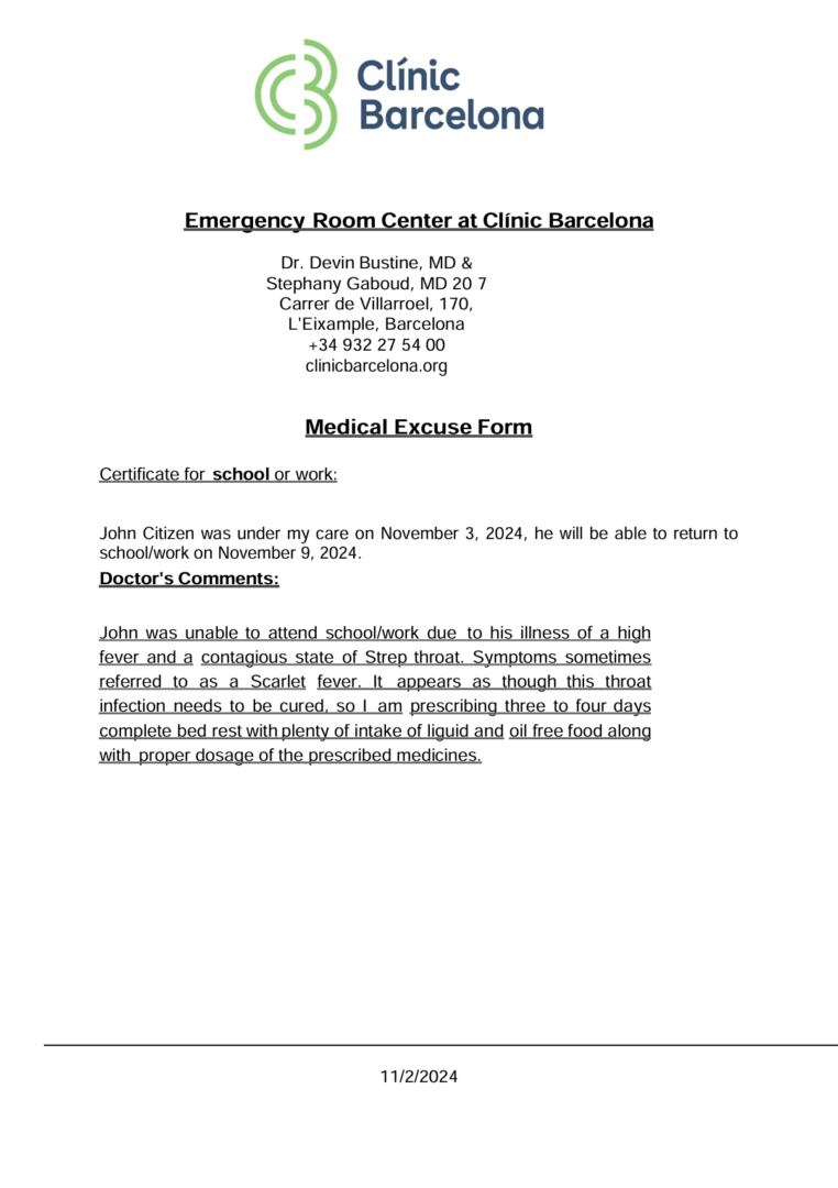 Clínic Barcelona medical excuse template in Word and PDF formats