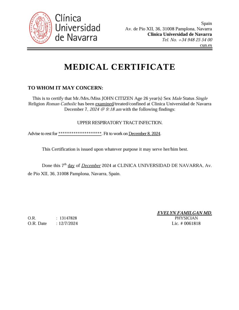 Clinica Universidad de Navarra medical certificate template in Word and PDF formats