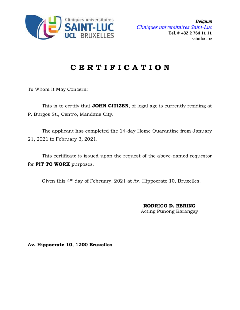 Cliniques universitaires Saint-Luc medical certificate template in Word and PDF formats