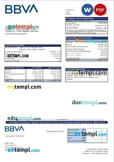 Colombia BBVA bank mortgage statement, editable template in PDF and Word