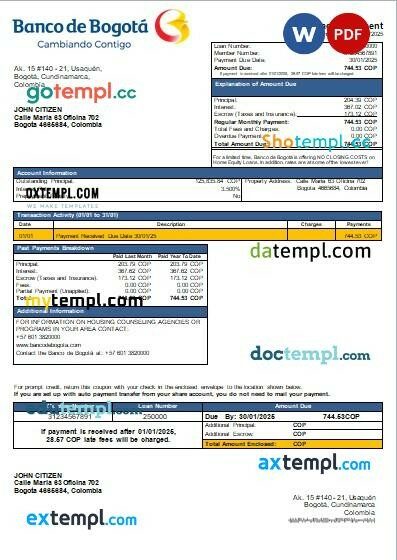 Colombia Banco de Bogotá bank mortgage statement, editable template in PDF and Word