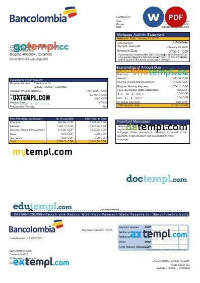 Colombia Bancolombia bank mortgage statement, editable template in PDF and Word