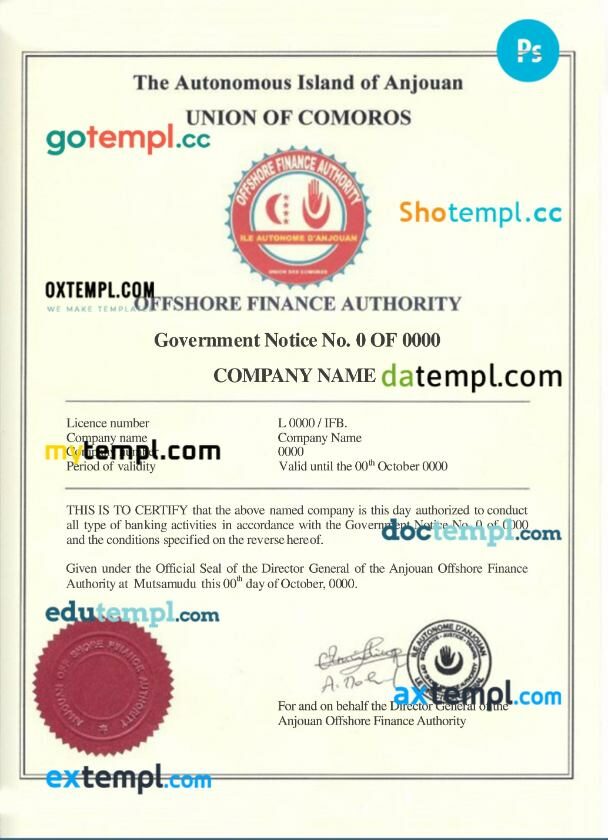 Comoros business registration license PSD template