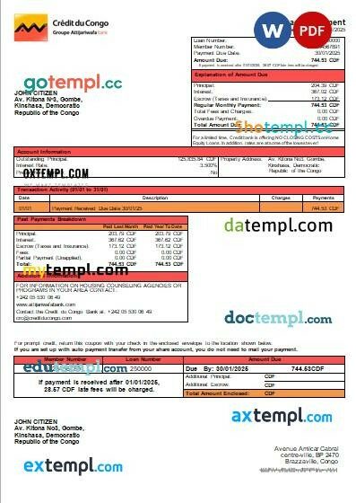 Congo Credit du Congo bank mortgage statement, editable template in PDF and Word