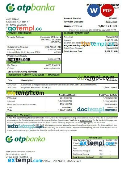 Croatia OTP Bank mortgage statement, editable template in PDF and Word