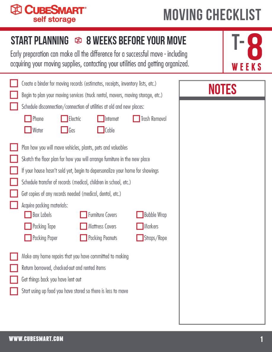 CubeSmart Self Storage Moving checklist template in Word and PDF formats, 5 pages