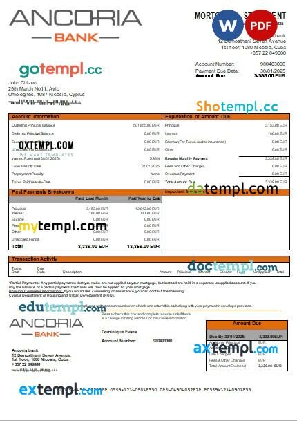 Cyprus Ancoria bank mortgage statement, editable template in PDF and Word