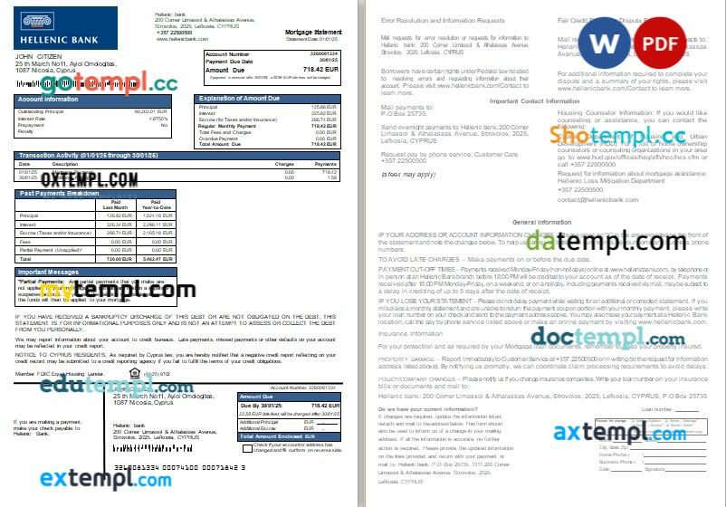 Cyprus Hellenic bank mortgage statement, 2 pages, editable template in PDF and Word