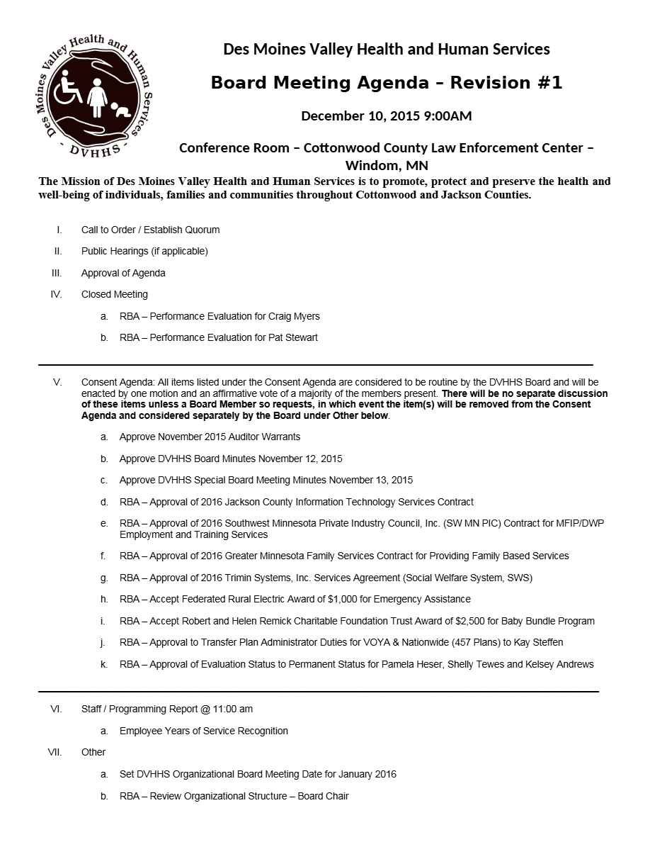 DVHHS Board Meeting agenda template in Word and PDF formats