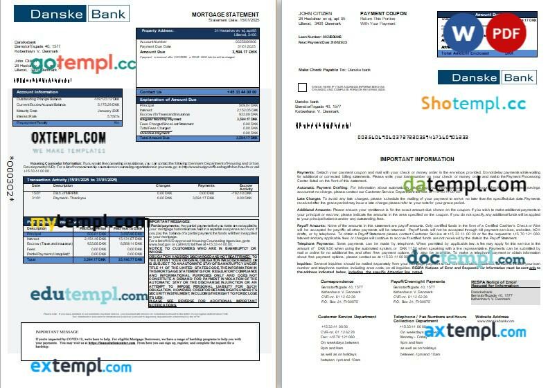 Denmark Danskebank bank mortgage statement, 3 pages, editable template in PDF and Word