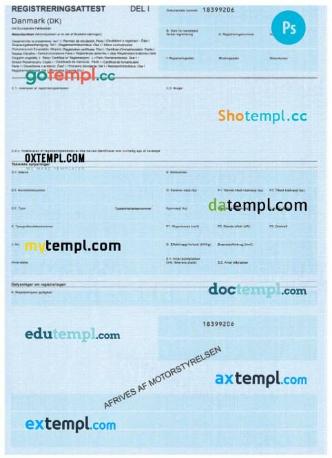 Denmark vehicle registration certificate in PSD format