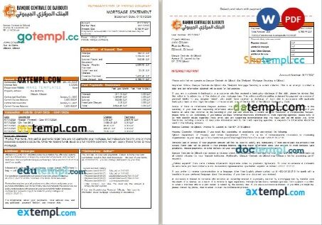 Djibouti Central Bank of Djibouti bank mortgage statement, 3 pages, editable template in PDF and Word