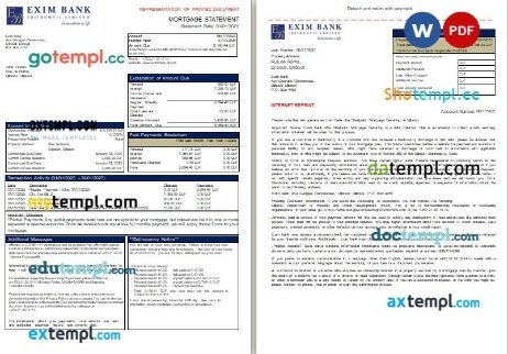 Djibouti Exim bank mortgage statement, 3 pages, editable template in PDF and Word