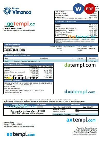 Dominican Republic Banco Vimenca bank mortgage statement, editable template in PDF and Word