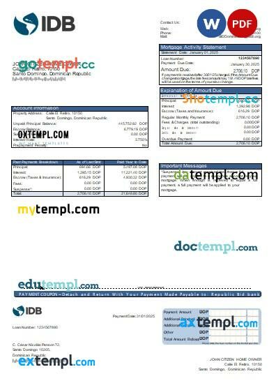 Dominican Republic Bid bank mortgage statement, editable template in PDF and Word