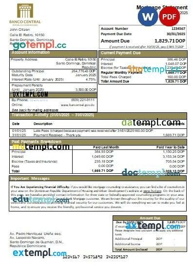 Dominican Republic Central Bank bank mortgage statement, editable template in PDF and Word