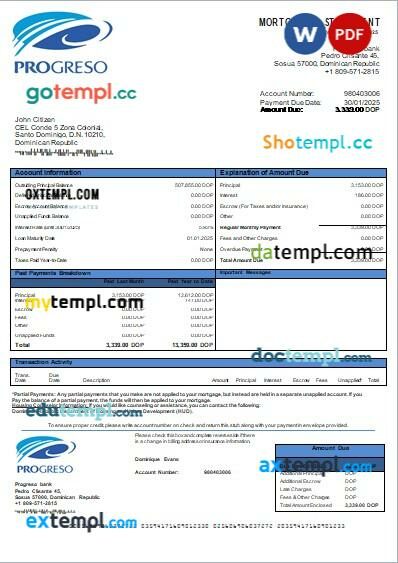 Dominican Republic Progreso bank mortgage statement, editable template in PDF and Word