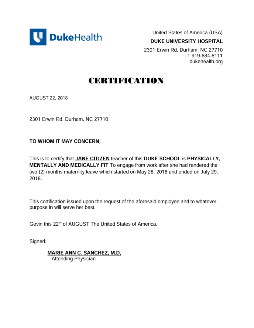 Duke University Hospital certification template in Word and PDF formats