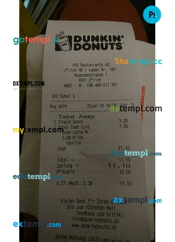 Dunkin donuts receipt PSD template