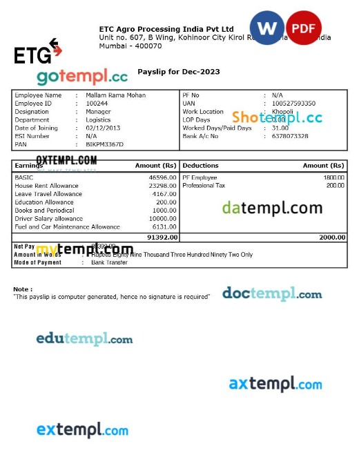 ETC Agro Processing India payslip template in Word and PDF formats